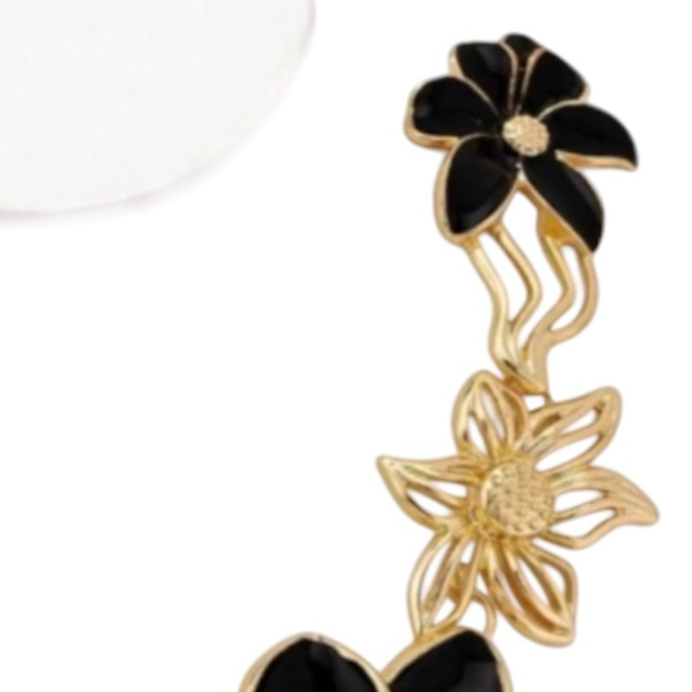 Bold Statement Flower Pendant Necklace Gold Tone with Black Enamel Flower Petals - Picture 5 of 10